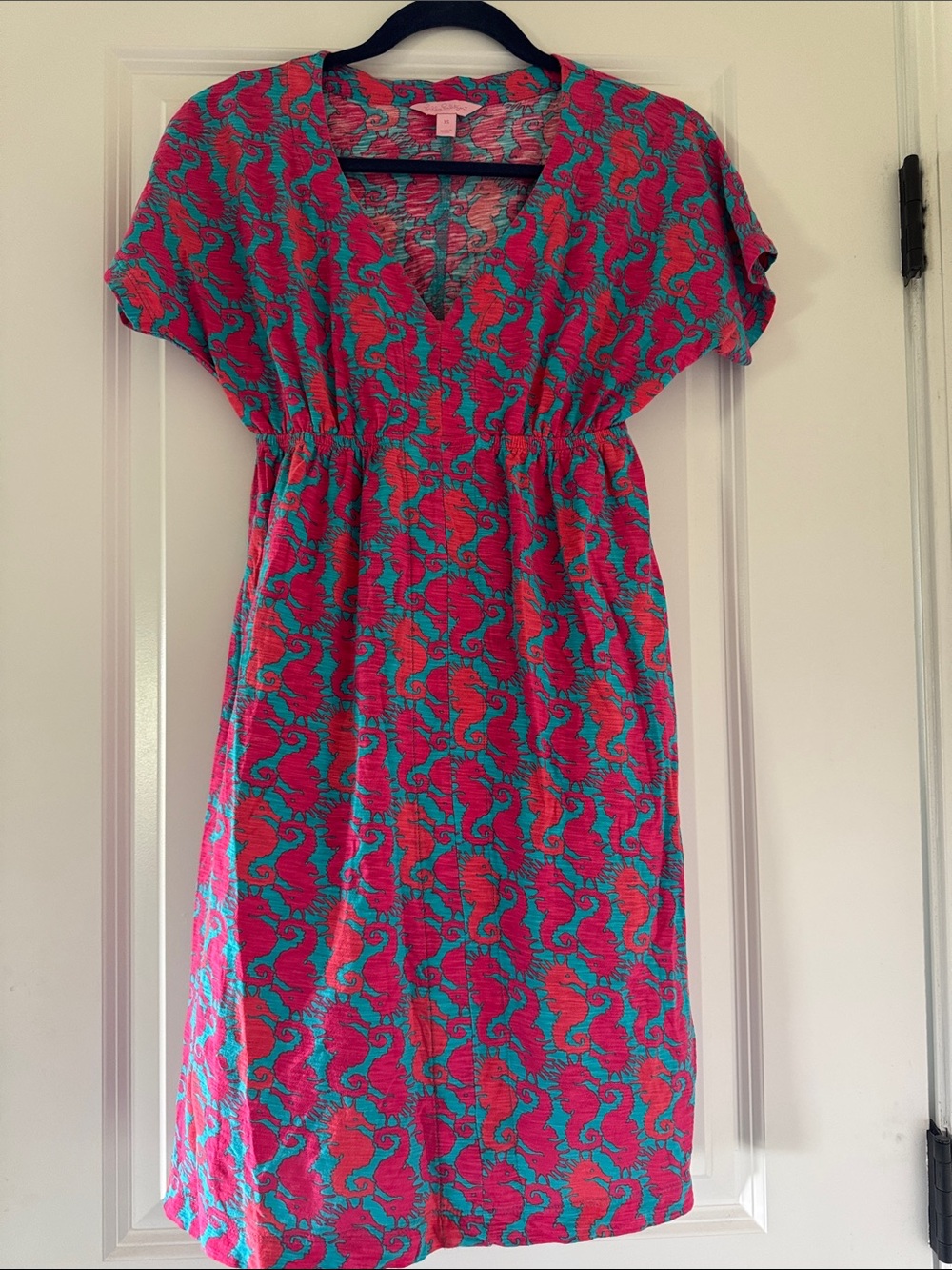 Lilly Pulitzer Pink & Teal Seahorse Print V-Neck Dress